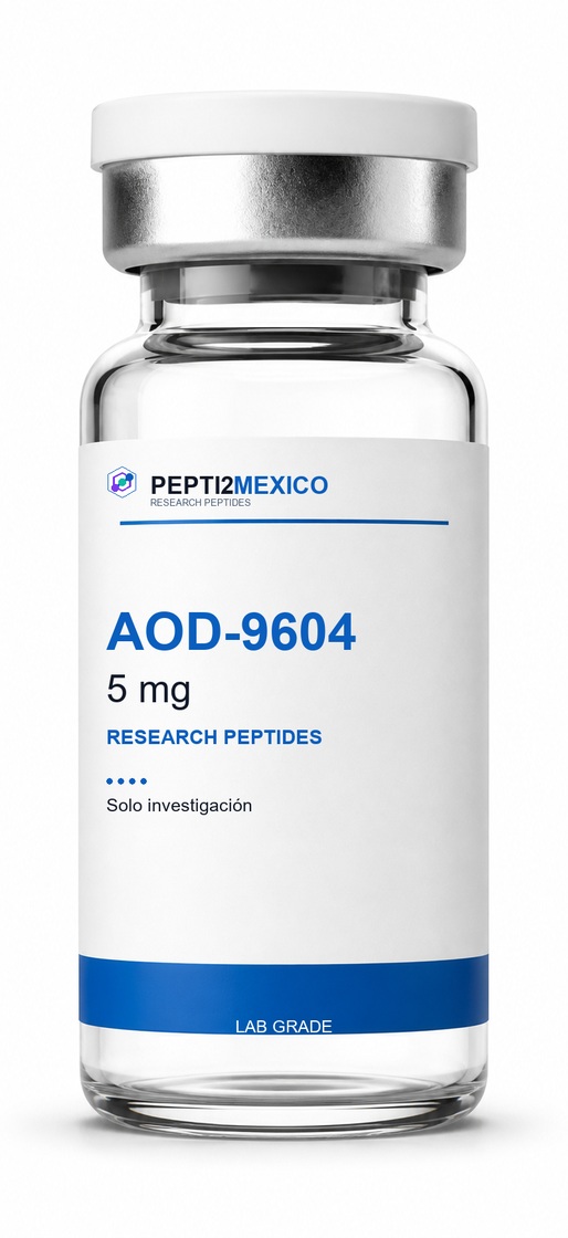 Vial PEPTI2MEXICO de AOD-9604, 5 mg, con etiqueta blanca y banda azul