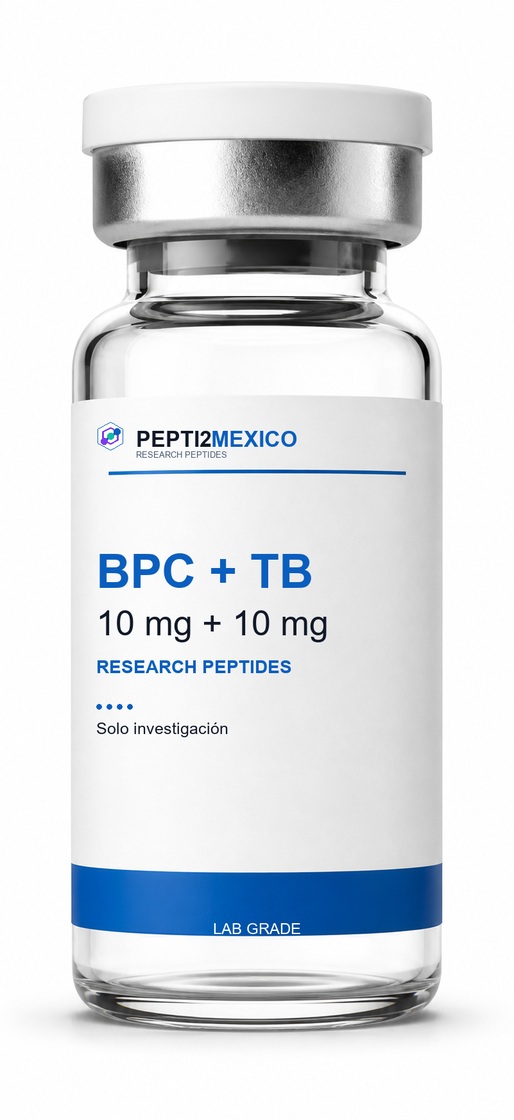 Vial PEPTI2MEXICO de BPC + TB, 10 mg + 10 mg, con etiqueta blanca y banda azul