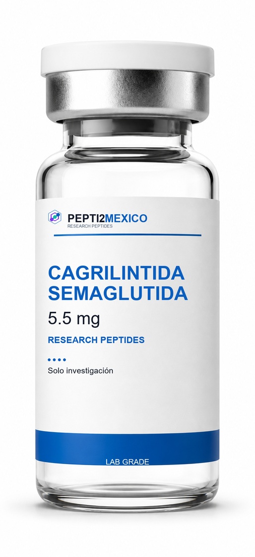 Vial PEPTI2MEXICO de Cagrilintida + Semaglutida, 5.5 mg, con etiqueta blanca y banda azul