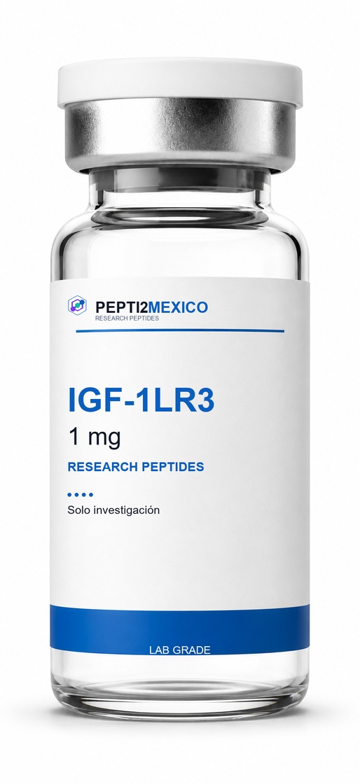 Vial PEPTI2MEXICO de IGF-1LR3, 1 mg, con etiqueta blanca y banda azul