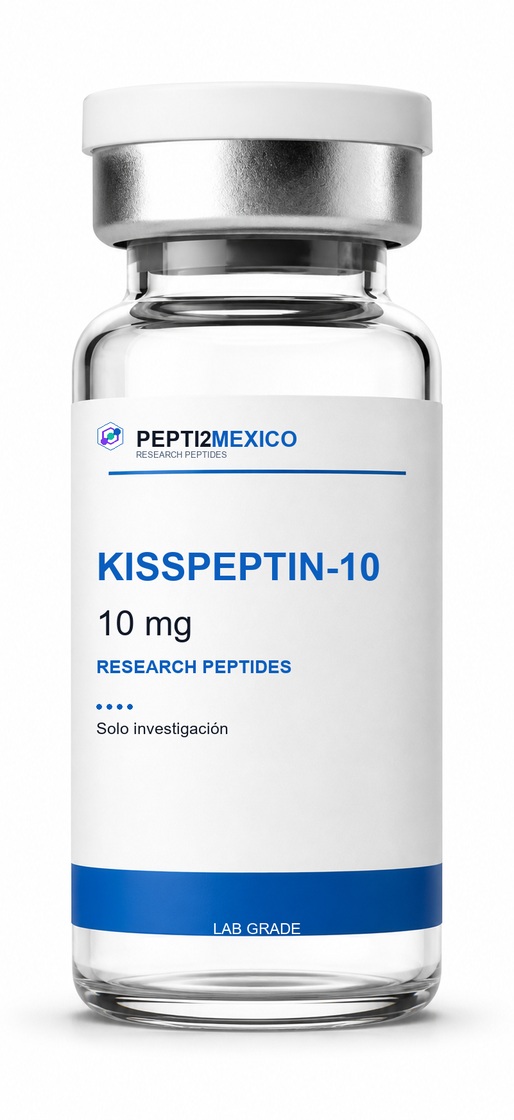 Vial PEPTI2MEXICO de KissPeptin-10, 10 mg, con etiqueta blanca y banda azul