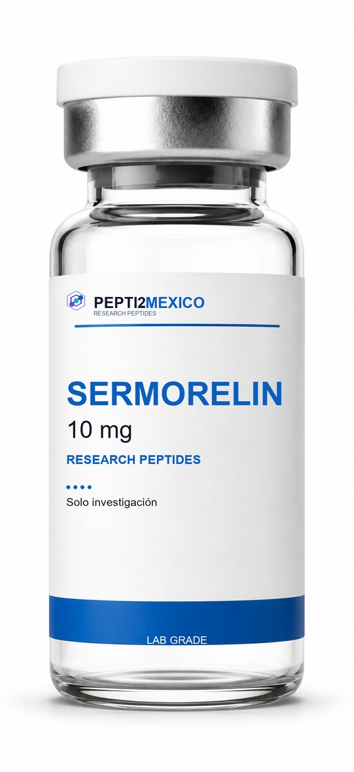 Vial PEPTI2MEXICO de Sermorelin Acetate, 10 mg, con etiqueta blanca y banda azul